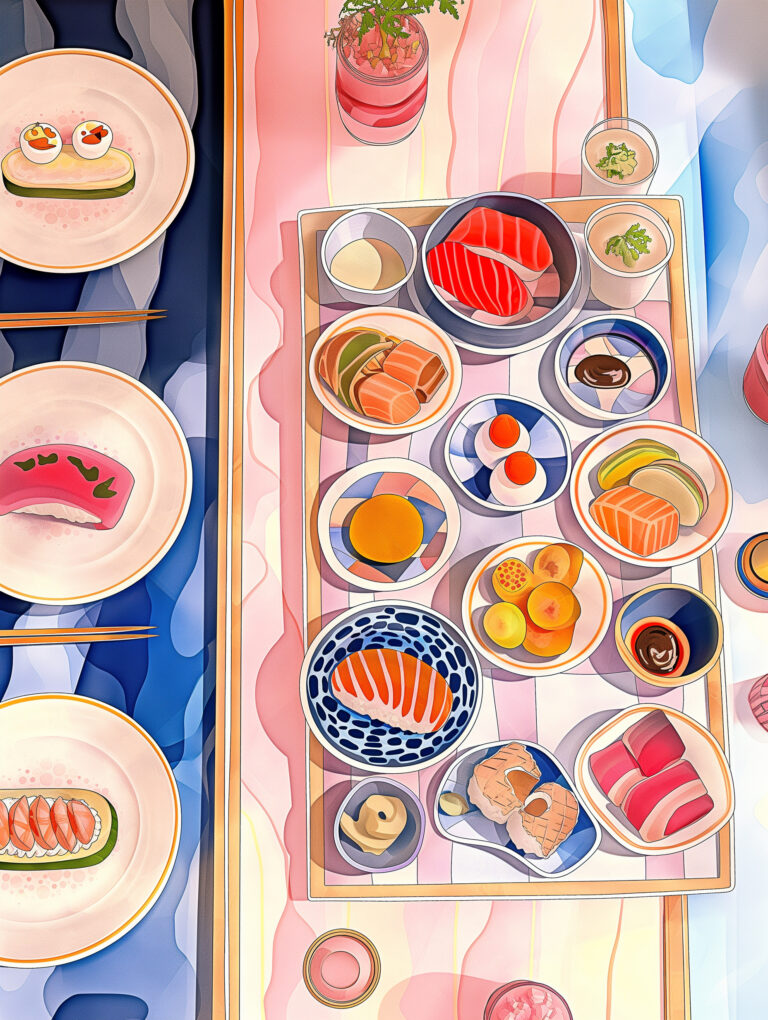 https://s.mj.run/F5vXP9c0XAw minimalism, Flatlay Food In The Table, sushi long tray, clean background, hard-edged salt gouache, freestyle gestural art, warm bright pink and blue tones, romantic warm feeling artwork, cool color palette, Henry Matisse’s colors, Henry Matisse’s lithograph, Isometric Anime style,simple quirky water color inspired illustrations, the minimalist style --no people and face no words --chaos 70 --ar 3:4 --style raw --sref https://s.mj.run/F5vXP9c0XAw --personalize iqiro5f --stylize 150 --weird 2700 --v 6 Job ID: fbc3d5f7-5fb8-4bd0-8feb-f1e720e877c6