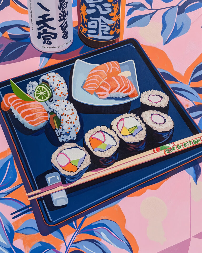 https://s.mj.run/fgxjYtRxxAI Flatlay Food In The Table, sushi long tray, simple yet minimal kawaii drawing, clean background, hard-edged salt gouache, freestyle gestural art, warm bright pink and blue tones, romantic warm feeling artwork, cool color palette, Fauvism, naive childish illustration, cuteness overload --ar 4:5 --sref https://s.mj.run/fgxjYtRxxAI --v 6 Job ID: 08923d77-2c70-4254-96d1-1eec22cfa9d8