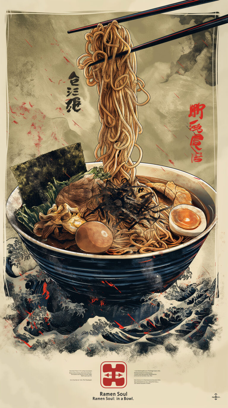 The image generated using AI Art Bud Singh v6 features a large title "Ramen" "Soul in a Bowl." It depicts a highly detailed sheet containing information about a food item project. The bowl of ramen, designed by the Japanese artist Inoue Takehiko, is filled with rich ingredients, and chopsticks are shown lifting noodles from the bowl. The full-page design layout showcases the bowl of ramen from various angles. Image generation is based on my brand name Pro reco art. The resolution is 2048x3579, and the style is original. --ar 9:16 --stylize 250 --v 6 Job ID: e279d7a2-1415-4a0a-89b8-08bf0150d0d9