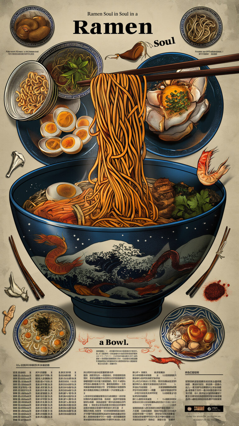 The image generated using AI Art Bud Singh v6 features a large title "Ramen" "Soul in a Bowl." It depicts a highly detailed sheet containing information about a food item project. The bowl of ramen, designed by the Japanese artist Inoue Takehiko, is filled with rich ingredients, and chopsticks are shown lifting noodles from the bowl. The full-page design layout showcases the bowl of ramen from various angles. Image generation is based on my brand name Pro reco art. The resolution is 2048x3579, and the style is original. --ar 9:16 --stylize 250 --v 6 Job ID: 7e03bd24-e936-4851-8809-8fd3bebe2fc0