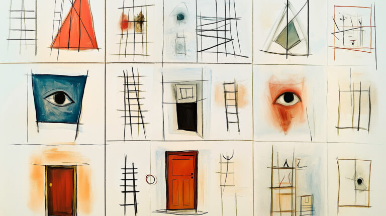 https://s.mj.run/5KcDW0K_NfE a painting of the back page with some sketches and drawings on it, including shapes such as doors, ladders, triangle shapes, circles, squares, lines, clouds, eyes, feathers, paper bags, musical notes, wooden planks, rocks, pencil strokes drawn by an adult child. The background is white, and there's a drawing in one corner that looks like it was made using crayons or pencils. There should be no text or letters visible. It could also have doodles or scribbled drawings. A painting in the style of Todd Hido, Amy Bennett, Gregory Crewdson, William Eggleston, Bill Owens, Eric Fischl. --chaos 90 --ar 16:9 --style raw --personalize m28mmtw --stylize 900 --weird 2700 --v 6.1 Job ID: a65ecb27-3294-4ae4-a604-7f6a27940f35