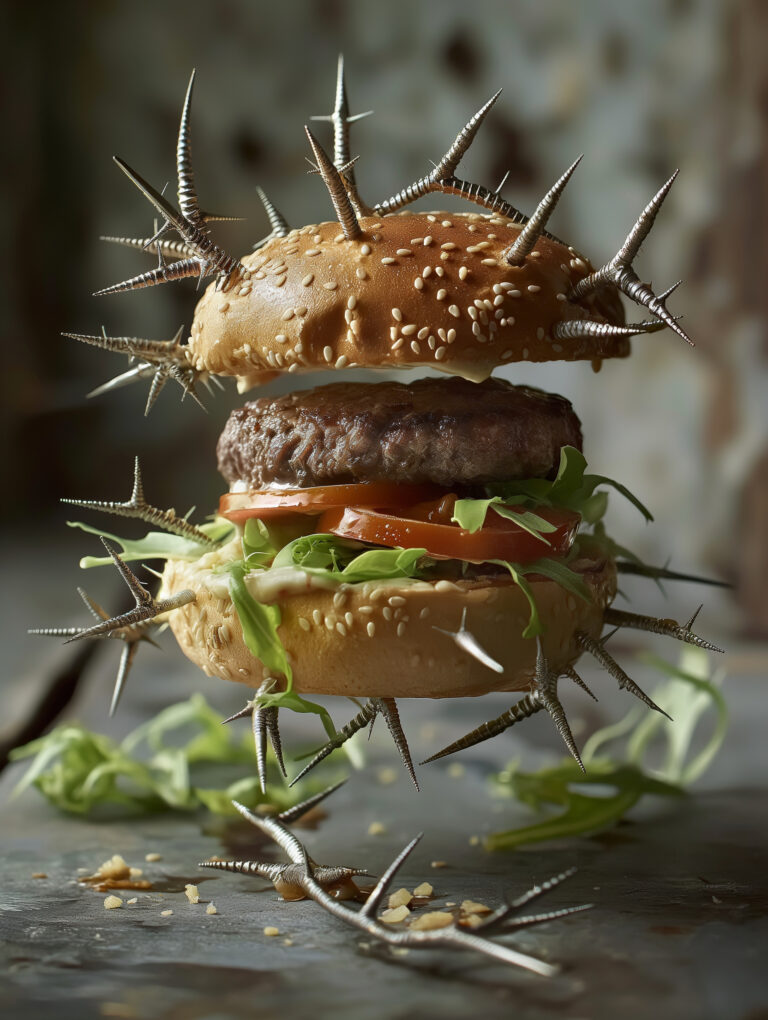 A dramatic, cinematic image of a hamburger covered with sharp metallic nails. The burger, with a juicy patty, fresh lettuce, tomato, and cheese, has multiple sharp metallic nails protruding from its bun and patty. The nails, polished and reflective, create a striking contrast with the fresh ingredients. The image should be set in a moody, low-light setting with dramatic shadows to enhance the edgy, modern aesthetic. --chaos 70 --ar 3:4 --style raw --weird 2100 --v 6 Job ID: a7fa18ff-7c62-48a5-bb1c-6db1c09d949f