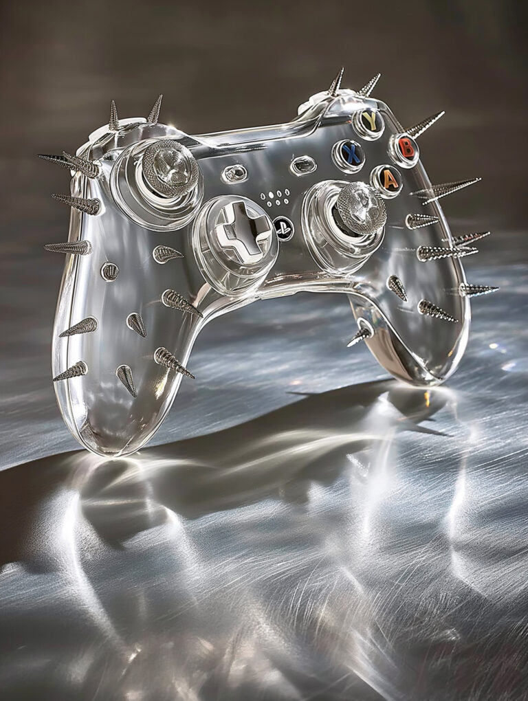 A dramatic, cinematic image of a gaming console controller covered with sharp metallic nails. The controller, in a sleek plastic or metal finish, has multiple sharp metallic nails protruding from its surface, including the buttons and grips. The nails, polished and reflective, create a striking contrast with the smooth, shiny surface of the controller. The image should be set in a moody, low-light setting with dramatic shadows to enhance the edgy, modern aesthetic. --chaos 70 --ar 3:4 --style raw --weird 2100 --v 6 Job ID: 9d2d0cc9-ce2e-4651-800f-e9f9d7fa8bf8