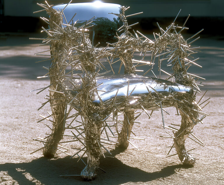 A chair with numerous visible metallic nails. The chair should have multiple sharp metallic nails protruding from various parts, including the seat, backrest, and legs, making it look unusually spiky and edgy. The nails should be clearly visible and contrast sharply with the chair's material and color. The overall appearance should blend everyday utility with an aggressive, unconventional twist. --chaos 40 --ar 6:5 --style raw --stylize 900 --weird 2400 --v 6 Job ID: fbb4efc6-3215-40e8-a9f3-955514f89492