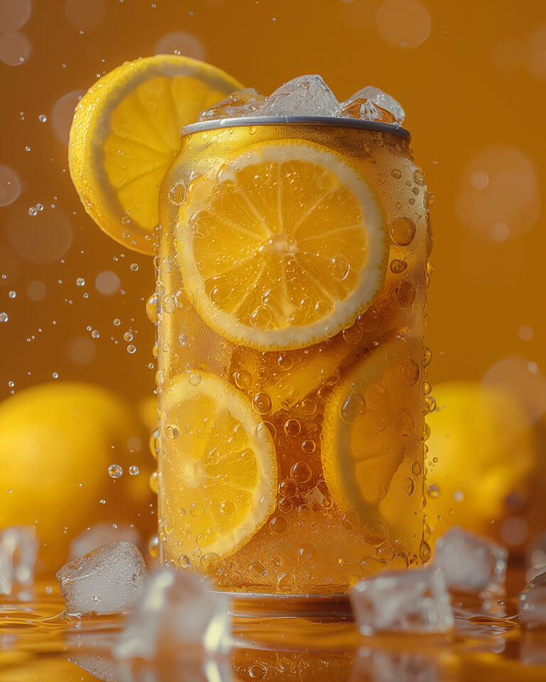 Cinematic, Product Photography, 'Create a vibrant, eye-catching advertisement-style photo featuring a transparent PET beer can filled with refreshing lemon juice and ice cubes. The clear material of the can showcases the bright, citrusy color of the lemon juice, enhancing its appeal with the sparkling clarity of ice, making it appear irresistibly refreshing. Captured in a 4:5 aspect ratio, the composition focuses closely on the can, emphasizing the drink’s freshness and summery vibe. Set against a minimalistic background that does not detract from the product, the image is perfect for engaging consumers on social media platforms, appealing to those seeking a cool, healthy drink option on a hot day. This visual is designed to attract attention and convey a sense of freshness, ideal for a beverage brand looking to stand out in the market with its innovative packaging and natural ingredient focus' --ar 4:5 --style raw --stylize 750 --v 6 Job ID: c8d5e423-de76-457b-8075-83d8e6862e75