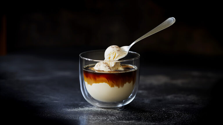 https://s.mj.run/oVSWPpuhpN4 Affogato on a clear glass cup with one scoop of vanilla ice-cream on dark background. Close-up photographed in high resolution with hyperrealistic detail in style of high definition photography. --chaos 90 --ar 16:9 --style raw --sref https://s.mj.run/oVSWPpuhpN4 --personalize icgzbfm --weird 2700 --v 6.1 Job ID: 3d9d13a5-06a0-40cd-925f-2dffa71eac73