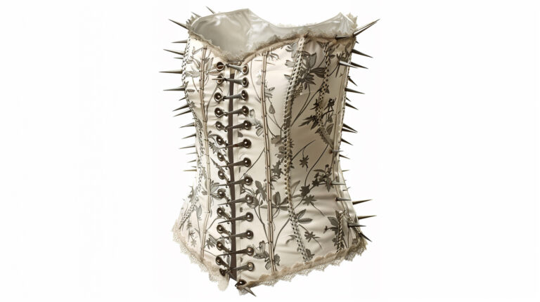 A dramatic, cinematic image of an elegant corset covered with sharp metallic nails. The corset, with its intricate lace and boning, has multiple sharp metallic nails protruding from its surface. The nails, polished and reflective, create a striking contrast with the soft, structured texture of the corset. The image should be set in a moody, low-light setting with dramatic shadows to enhance the edgy, modern aesthetic. --chaos 70 --ar 16:9 --style raw --weird 2100 --v 6 Job ID: 85917781-c79a-4893-a386-9d4cf5c542d4