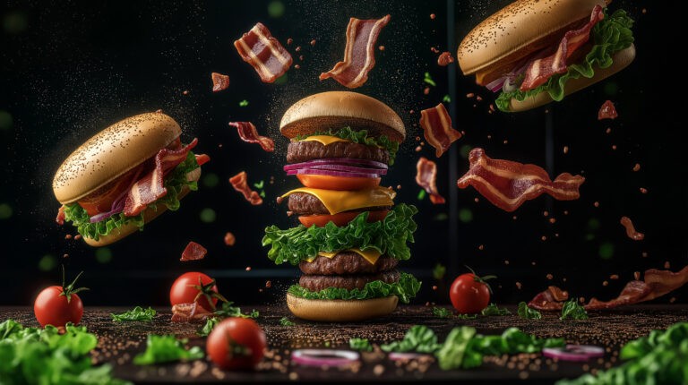 https://s.mj.run/vNg0UU0MhNY An action shot of the burger ingredients suspended in mid-air, with each element vividly detailed and floating in motion against a dark background. Include details like golden buns, juicy beef slices, melted cheese, fresh lettuce leaves, crisp tomatoes, flying bacon strips, and falling red onion rings. The focus should be on capturing every detail to emphasize realism and texture, with the fast-paced action everywhere in full swing. --ar 16:9 --style raw --personalize m28mmtw --stylize 900 --weird 300 --v 6.1 Job ID: 6c24789a-a699-478e-947e-be186ffba665