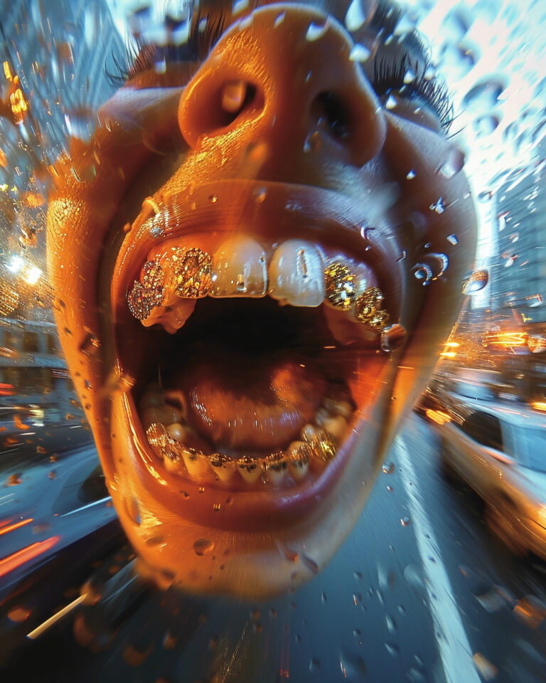 lash photography fisheye perspective of a big smile with gold grills in close detail, cars, zooming past, in the style of abstractions, figures in motion, contax ii, mysterious figures, notable sense of movement, spontaneous marks, shadowy drama --ar 4:5 --style raw --stylize 750 --v 6 Job ID: 84f0d101-b10b-4280-9806-3447571ef098