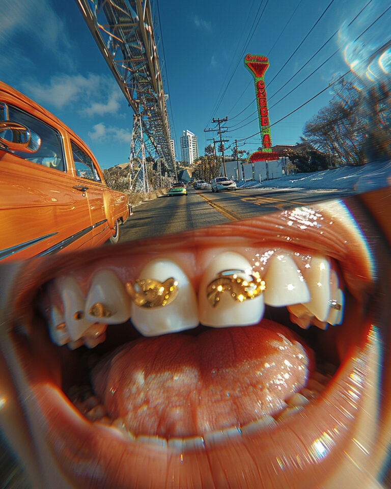 lash photography fisheye perspective of a big smile with gold grills in close detail, cars, zooming past, in the style of abstractions, figures in motion, contax ii, mysterious figures, notable sense of movement, spontaneous marks, shadowy drama --ar 4:5 --style raw --stylize 750 --v 6 Job ID: 049aa64a-bf05-499e-b5a8-7d956b35a811