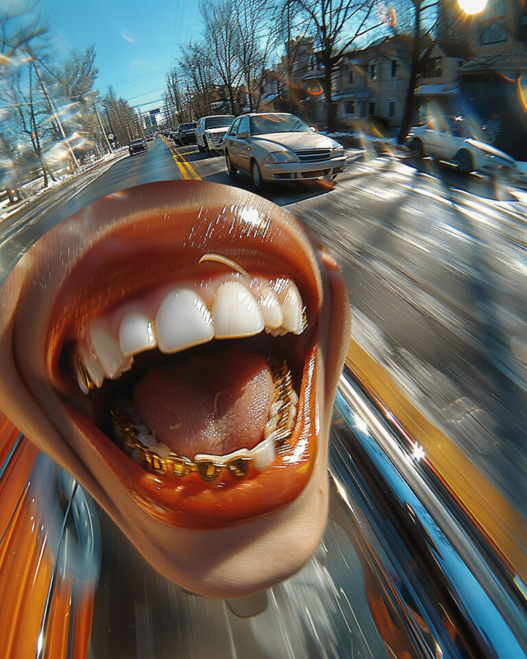 lash photography fisheye perspective of a big smile with gold grills in close detail, cars, zooming past, in the style of abstractions, figures in motion, contax ii, mysterious figures, notable sense of movement, spontaneous marks, shadowy drama --ar 4:5 --style raw --stylize 750 --v 6 Job ID: ec8f8c29-1745-4dd6-ad5e-c465814397c0