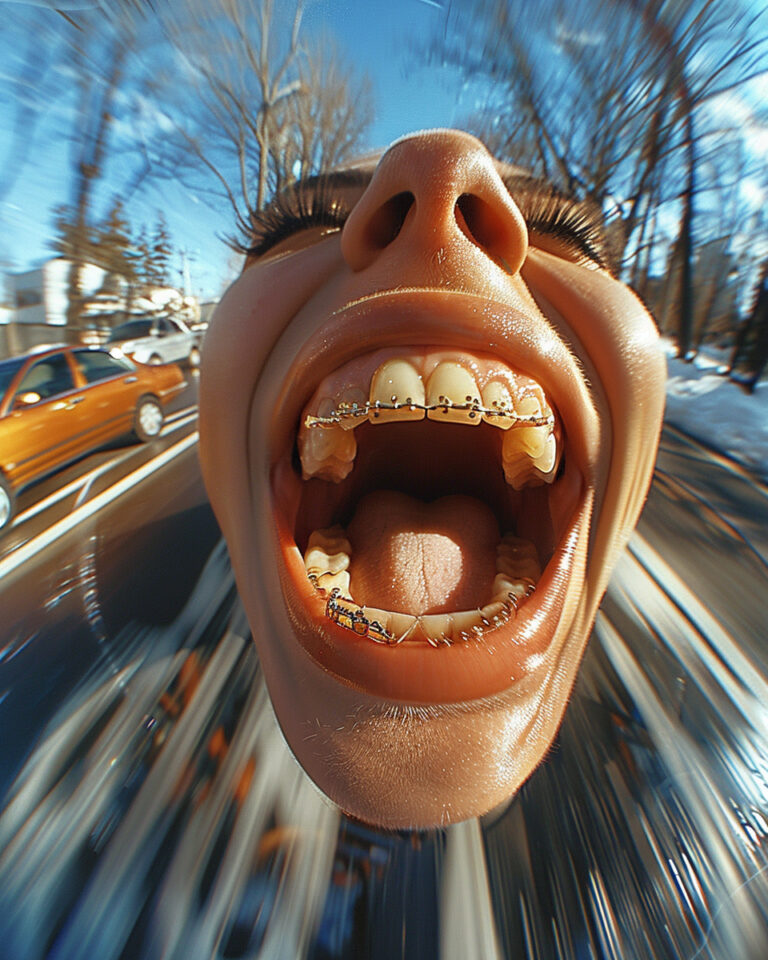 lash photography fisheye perspective of a big smile with gold grills in close detail, cars, zooming past, in the style of abstractions, figures in motion, contax ii, mysterious figures, notable sense of movement, spontaneous marks, shadowy drama --ar 4:5 --style raw --stylize 750 --v 6 Job ID: 3dfb147e-f74e-4116-a9e9-14fc19534bcc