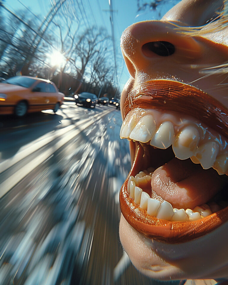 lash photography fisheye perspective of a big smile with gold grills in close detail, cars, zooming past, in the style of abstractions, figures in motion, contax ii, mysterious figures, notable sense of movement, spontaneous marks, shadowy drama --ar 4:5 --style raw --stylize 750 --v 6 Job ID: 3dfb147e-f74e-4116-a9e9-14fc19534bcc