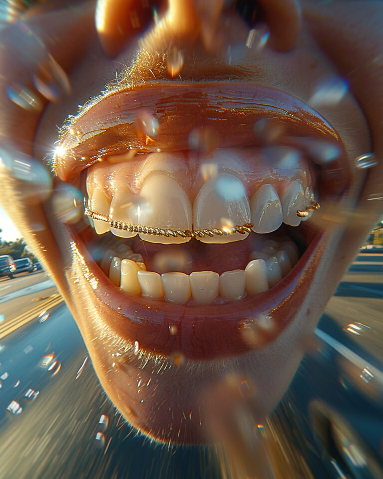 lash photography fisheye perspective of a big smile with gold grills in close detail, cars, zooming past, in the style of abstractions, figures in motion, contax ii, mysterious figures, notable sense of movement, spontaneous marks, shadowy drama --ar 4:5 --style raw --stylize 750 --v 6 Job ID: 93ab2228-142d-4484-9010-ecf85d20ad63