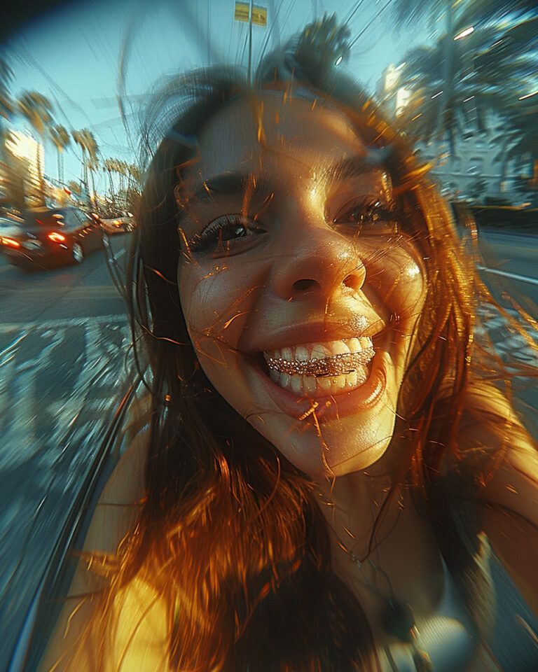 lash photography fisheye perspective of a big smile with gold grills in close detail, cars, zooming past, in the style of abstractions, figures in motion, contax ii, mysterious figures, notable sense of movement, spontaneous marks, shadowy drama --ar 4:5 --style raw --stylize 750 --v 6 Job ID: fface87d-cb6c-4e5a-89bf-43cca79c8f7d