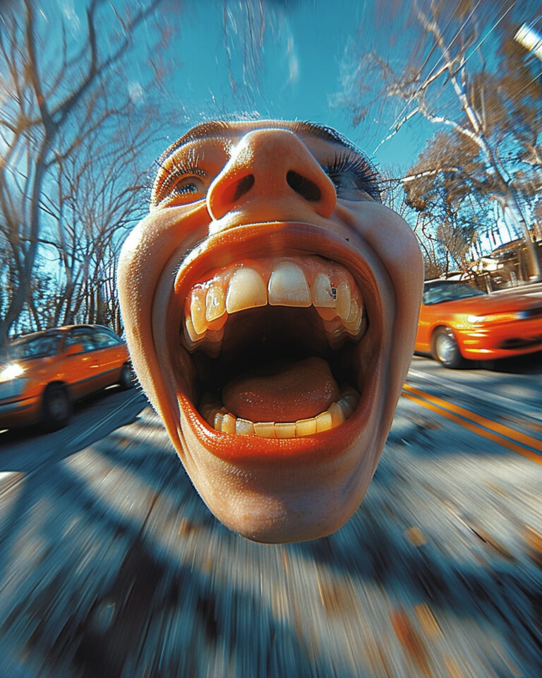 lash photography fisheye perspective of a big smile with gold grills in close detail, cars, zooming past, in the style of abstractions, figures in motion, contax ii, mysterious figures, notable sense of movement, spontaneous marks, shadowy drama --ar 4:5 --style raw --stylize 750 --v 6 Job ID: fdf1ffbd-2bd1-48a6-9381-76d130f18f63