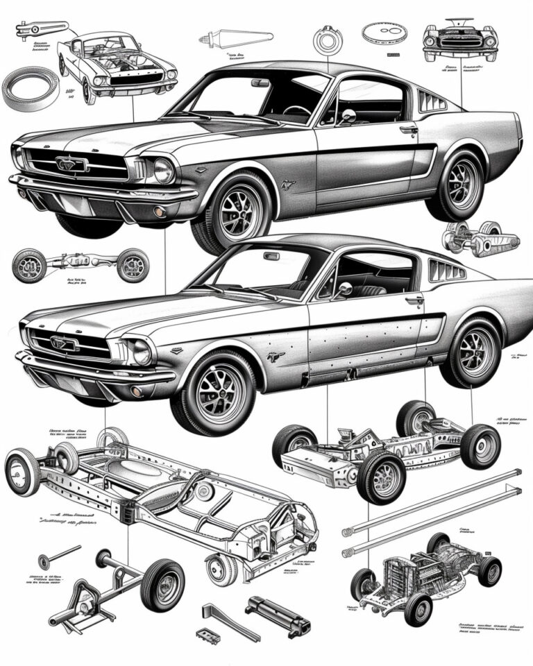 The Ford Mustang detailed exploded view, parts list and diagram of the car's construction with text in English. The detailed drawing has parts labeled with numbers to make it easy for an oil master painter to color them in the correct location and size, in the style of each part, with no blurring - the focus is sharp and crisp --ar 4:5 --style raw --v 6 Job ID: c7f5c80f-2957-4d18-b6fb-a3ea77e3bb18