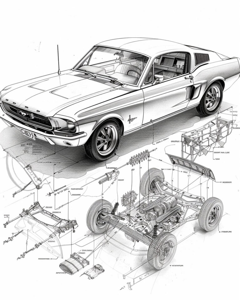 The Ford Mustang detailed exploded view, parts list and diagram of the car's construction with text in English. The detailed drawing has parts labeled with numbers to make it easy for an oil master painter to color them in the correct location and size, in the style of each part, with no blurring - the focus is sharp and crisp --ar 4:5 --style raw --v 6 Job ID: c7f5c80f-2957-4d18-b6fb-a3ea77e3bb18