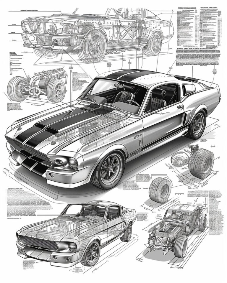 The Ford Mustang detailed exploded view, parts list and diagram of the car's construction with text in English. The detailed drawing has parts labeled with numbers to make it easy for an oil master painter to color them in the correct location and size, in the style of each part, with no blurring - the focus is sharp and crisp --ar 4:5 --style raw --v 6 Job ID: c7f5c80f-2957-4d18-b6fb-a3ea77e3bb18