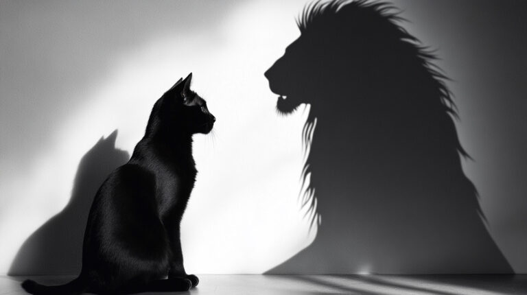 https://s.mj.run/mfTboohwoLs A black cat sits on the ground, facing away from us and casting its shadow in front of it. The silhouette of a majestic lion is projected onto the wall by the light source behind the scene. Black and white photography, soft lighting, high contrast, sharp focus, symmetrical composition, simple background, portrait lens, static posture. --ar 16:9 --style raw --sref https://s.mj.run/mfTboohwoLs --personalize 1ziyqku --cref https://s.mj.run/mfTboohwoLs --stylize 0 --weird 3000 --v 6.1 Job ID: f8b523a8-6ec8-4e42-9317-94b4b4fbda39