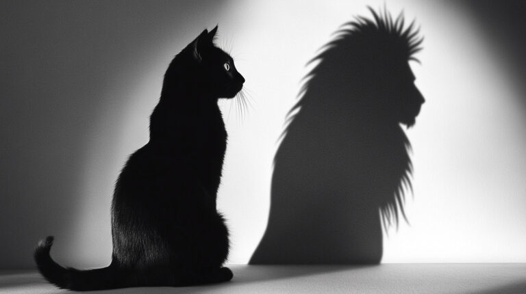 https://s.mj.run/mfTboohwoLs A black cat sits on the ground, facing away from us and casting its shadow in front of it. The silhouette of a majestic lion is projected onto the wall by the light source behind the scene. Black and white photography, soft lighting, high contrast, sharp focus, symmetrical composition, simple background, portrait lens, static posture. --ar 16:9 --style raw --sref https://s.mj.run/mfTboohwoLs --personalize 1ziyqku --cref https://s.mj.run/mfTboohwoLs --stylize 0 --weird 3000 --v 6.1 Job ID: f8b523a8-6ec8-4e42-9317-94b4b4fbda39