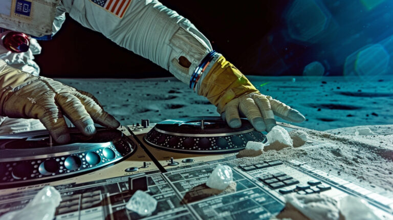 Neil Armstrong DJing a set on the moon, mixing lunar regolith to create otherworldly music. His turntables are made of moon rocks and alien crystals, casting eerie shadows on the lunar surface. Each beat reverberates through the vacuum, visualized as ripples across the moonscape. --chaos 70 --ar 16:9 --style raw --weird 2100 --v 6 Job ID: 91a38502-bf2f-41af-97e2-5ea66a5c5a59