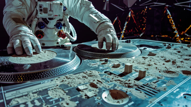 Neil Armstrong DJing a set on the moon, mixing lunar regolith to create otherworldly music. His turntables are made of moon rocks and alien crystals, casting eerie shadows on the lunar surface. Each beat reverberates through the vacuum, visualized as ripples across the moonscape. --chaos 70 --ar 16:9 --style raw --weird 2100 --v 6 Job ID: 176c56c4-6e32-4af3-a2f9-924894445745