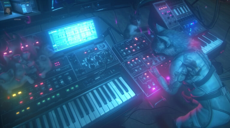 Description: In a sleek, modern music studio bathed in soft neon light, several cats wander among high-tech synthesizers and other electronic music equipment. The largest synthesizer, its keys gently glowing, becomes the focus as a cat with strikingly vivid fur patterns paws curiously at the keys, producing ambient, harmonic sounds. The details are ultra-realistic, from the texture of the cat's fur to the reflective surfaces of the synthesizers, capturing the interaction between natural and synthetic worlds. The room is filled with floating musical notes that the cats seem to chase and play with, adding a whimsical yet hyperrealistic touch to the scene --chaos 15 --ar 16:9 --style raw --stylize 150 --weird 2100 --v 6 Job ID: 9b4b3f81-d0b2-44fe-a661-2e8111ef47fd