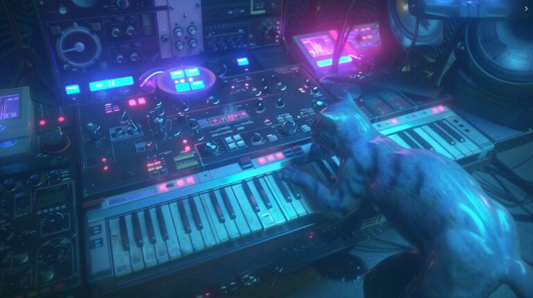 Description: In a sleek, modern music studio bathed in soft neon light, several cats wander among high-tech synthesizers and other electronic music equipment. The largest synthesizer, its keys gently glowing, becomes the focus as a cat with strikingly vivid fur patterns paws curiously at the keys, producing ambient, harmonic sounds. The details are ultra-realistic, from the texture of the cat's fur to the reflective surfaces of the synthesizers, capturing the interaction between natural and synthetic worlds. The room is filled with floating musical notes that the cats seem to chase and play with, adding a whimsical yet hyperrealistic touch to the scene --chaos 15 --ar 16:9 --style raw --stylize 150 --weird 2100 --v 6 Job ID: 9b4b3f81-d0b2-44fe-a661-2e8111ef47fd