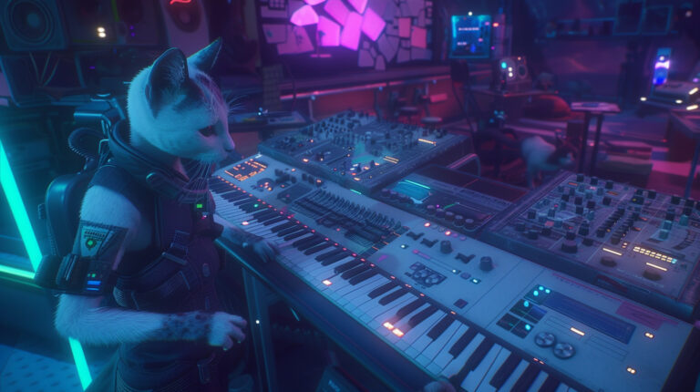 Description: In a sleek, modern music studio bathed in soft neon light, several cats wander among high-tech synthesizers and other electronic music equipment. The largest synthesizer, its keys gently glowing, becomes the focus as a cat with strikingly vivid fur patterns paws curiously at the keys, producing ambient, harmonic sounds. The details are ultra-realistic, from the texture of the cat's fur to the reflective surfaces of the synthesizers, capturing the interaction between natural and synthetic worlds. The room is filled with floating musical notes that the cats seem to chase and play with, adding a whimsical yet hyperrealistic touch to the scene --chaos 15 --ar 16:9 --style raw --stylize 150 --weird 2100 --v 6 Job ID: e5fc2594-72ec-45de-8dfc-a505df62e46d