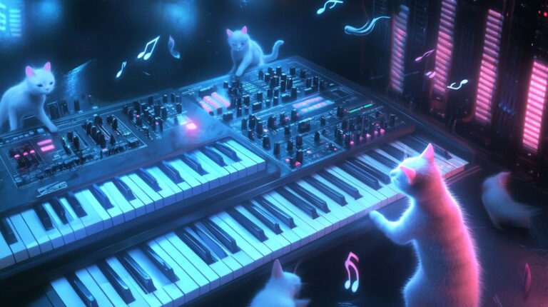 Description: In a sleek, modern music studio bathed in soft neon light, several cats wander among high-tech synthesizers and other electronic music equipment. The largest synthesizer, its keys gently glowing, becomes the focus as a cat with strikingly vivid fur patterns paws curiously at the keys, producing ambient, harmonic sounds. The details are ultra-realistic, from the texture of the cat's fur to the reflective surfaces of the synthesizers, capturing the interaction between natural and synthetic worlds. The room is filled with floating musical notes that the cats seem to chase and play with, adding a whimsical yet hyperrealistic touch to the scene --chaos 15 --ar 16:9 --style raw --stylize 150 --weird 2100 --v 6.1 Job ID: b2aad7d6-ef5c-4c6e-b492-9559e6fd3f14