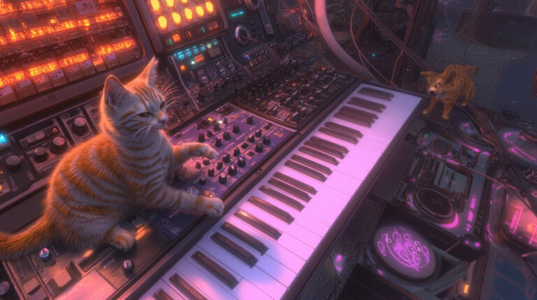 Description: In a sleek, modern music studio bathed in soft neon light, several cats wander among high-tech synthesizers and other electronic music equipment. The largest synthesizer, its keys gently glowing, becomes the focus as a cat with strikingly vivid fur patterns paws curiously at the keys, producing ambient, harmonic sounds. The details are ultra-realistic, from the texture of the cat's fur to the reflective surfaces of the synthesizers, capturing the interaction between natural and synthetic worlds. The room is filled with floating musical notes that the cats seem to chase and play with, adding a whimsical yet hyperrealistic touch to the scene --chaos 15 --ar 16:9 --style raw --stylize 150 --weird 2100 --v 6.1 Job ID: b2aad7d6-ef5c-4c6e-b492-9559e6fd3f14