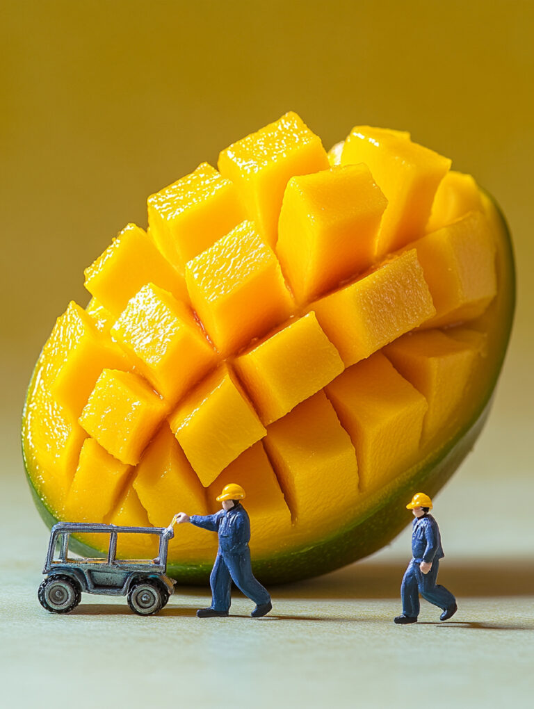 https://s.mj.run/OxEhZ0Sq0r8 A piece of fresh mango is cut into small pieces, two workers push the cart near, the color is mainly yellow, mainly solid color, small fruit slices and workers close-up. Close up, high definition detail showing the texture of fruit slices, miniature food photography --ar 3:4 --style raw --personalize fgjquxl --stylize 700 --v 6.1 Job ID: bea1f732-1606-487e-ac2f-75a9091824df