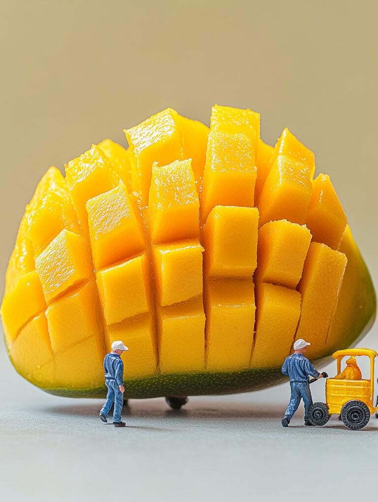 https://s.mj.run/OxEhZ0Sq0r8 A piece of fresh mango is cut into small pieces, two workers push the cart near, the color is mainly yellow, mainly solid color, small fruit slices and workers close-up. Close up, high definition detail showing the texture of fruit slices, miniature food photography --ar 3:4 --style raw --personalize fgjquxl --stylize 700 --v 6.1 Job ID: bea1f732-1606-487e-ac2f-75a9091824df