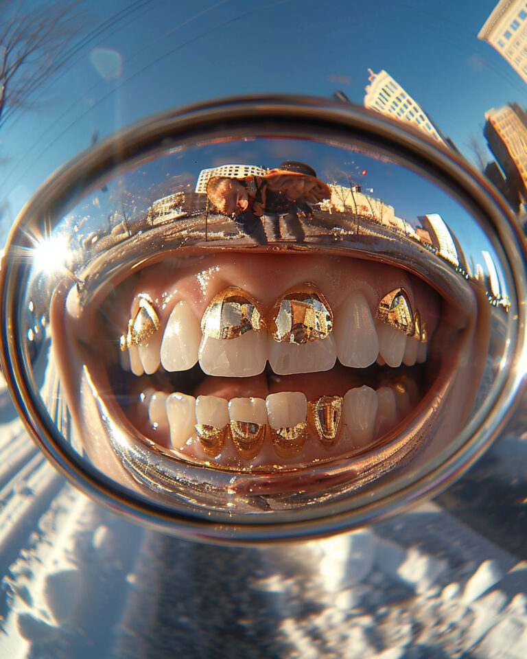 visual poetry image style, lash photography fisheye perspective of a big smile with gold grills in close detail, cars, zooming past, in the style of abstractions, figures in motion, contax ii, mysterious figures, notable sense of movement, spontaneous marks, shadowy drama --ar 4:5 --style raw --stylize 750 --v 6 Job ID: 4461c145-6e20-4aa5-9bfb-06d723679354