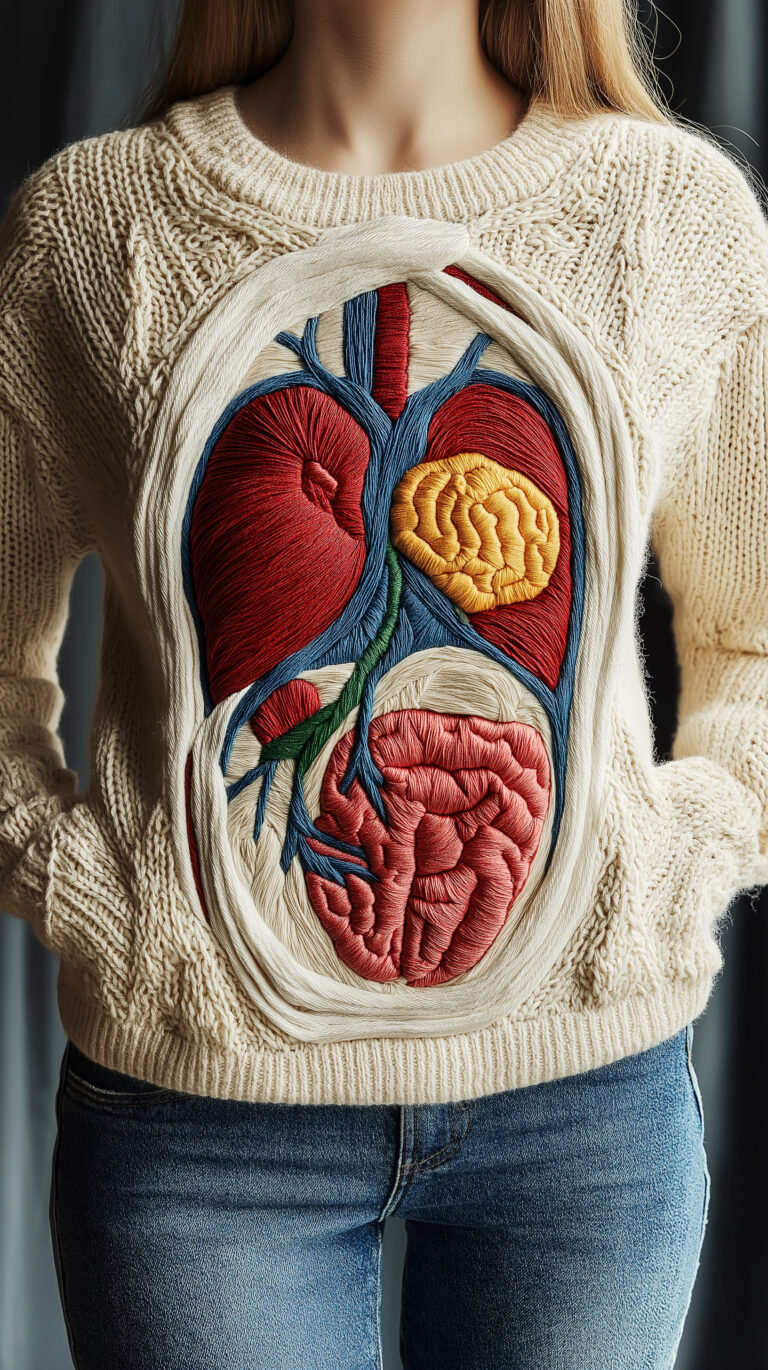 https://s.mj.run/MzndQUGSgGI An embroidered sweater with an anatomical illustration of the human torso and chest, the skin is open to reveal the internal anatomy, including the heart and brain. The background color should be white or cream for contrast. It would have vibrant colors and intricate details in the embroidery work. This design could symbolize medical education or inspiration by showcasing how our body works. A person wearing jeans stands behind it. The style will emphasize realism, in the style of anatomical illustrations. --ar 9:16 --style raw --sref https://s.mj.run/MzndQUGSgGI --personalize 1ziyqku --cref https://s.mj.run/MzndQUGSgGI --stylize 0 --weird 3000 --v 6.1 Job ID: 9182c63a-cf6f-4c4e-aa56-a67976a1ceda