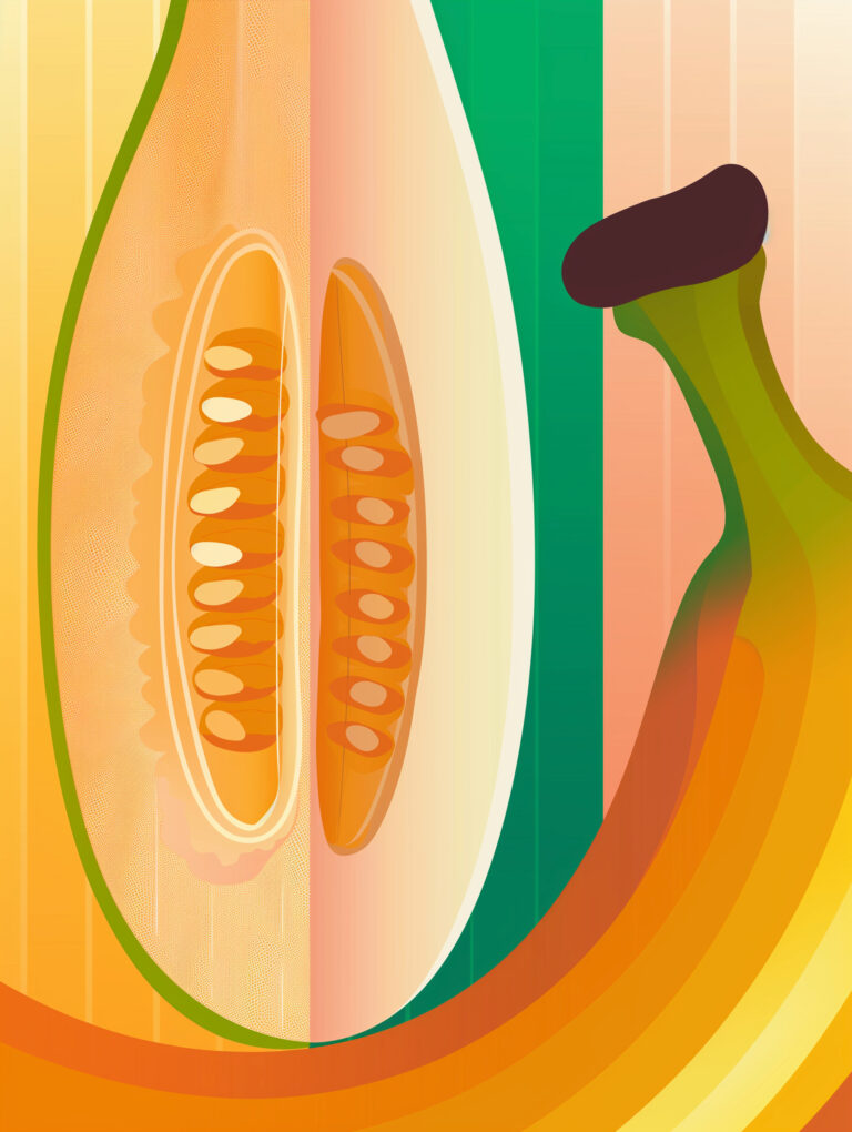 colorful poster featuring a halved melon opened fresh and a banana., The overall visual should be provocative --chaos 70 --ar 3:4 --style raw --weird 2100 --v 6 Job ID: d8918746-5608-41c1-a826-8fa4c00c02f5