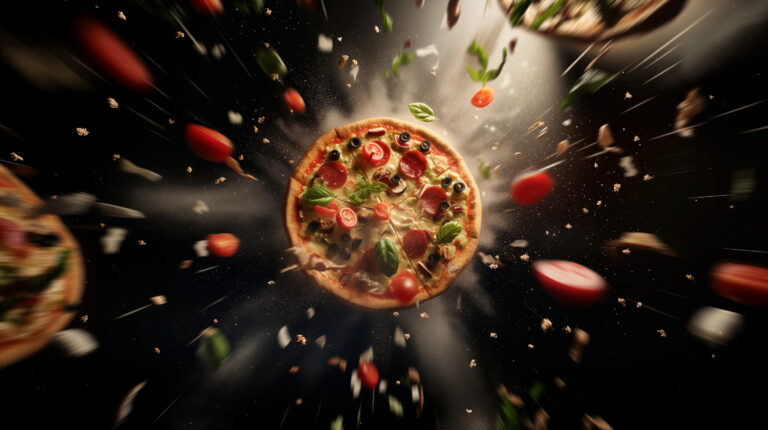 liminal aesthetic image, very elegant image of a Pizza is in space, different ingredients are flying around it, very detcalized, very realistic, 8k --chaos 9 --ar 16:9 --style raw --stylize 50 --v 6 Job ID: cc3fb46a-e4c2-4fbc-88b4-a66e9b7bc2e2