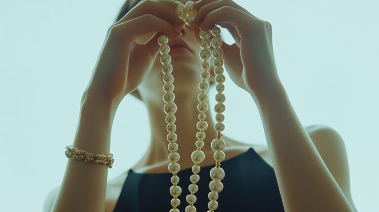 Jewelry photography, a man wearing a stylish black dress with a long pearl necklace, classically elegant and quiet, the background is pure white, there are some surreal elements on the image to create a feeling of distorted aura, the whole image is low saturated and warm, 2024 ins style, --chaos 100 --ar 16:9 --style raw --sref https://s.mj.run/os2FMyE_Wr4 --personalize aynsx7b --weird 3000 --v 6.1 Job ID: 7a714b8b-ec54-4a01-9e57-53c0f4faa956