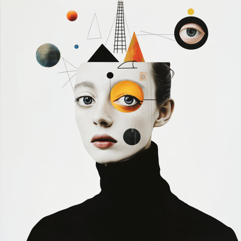 , A minimalist and unusual collage with an animal-like face, A surreal collage depicting the head and shoulders of an attractive woman with open eyes, A surreal collage of a woman with multiple eyes, a ladder above her left, a ladder between them, an egg yolk, and geometric shapes., and minimalistic, color circles, and triangles. The piece has a fashion illustration style and a white background, eye shadows, such as a ladder, and various floating objects such as musical notes, wearing a black turtleneck sweater against a white background. Floating in the air around her are various objects, with a fashion editorial photography aesthetic., wing a black turtleneck sweater against a white background. The collage art around her head is made of different objects: an eye on the forehead, resembling a portrait. --v 6.1 Job ID: 8aa60970-6211-48c2-8855-b15a7a23b1fc