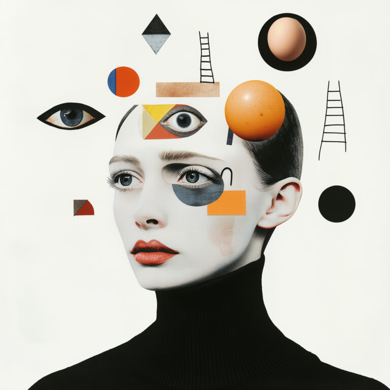 , A minimalist and unusual collage with an animal-like face, A surreal collage depicting the head and shoulders of an attractive woman with open eyes, A surreal collage of a woman with multiple eyes, a ladder above her left, a ladder between them, an egg yolk, and geometric shapes., and minimalistic, color circles, and triangles. The piece has a fashion illustration style and a white background, eye shadows, such as a ladder, and various floating objects such as musical notes, wearing a black turtleneck sweater against a white background. Floating in the air around her are various objects, with a fashion editorial photography aesthetic., wing a black turtleneck sweater against a white background. The collage art around her head is made of different objects: an eye on the forehead, resembling a portrait. --v 6.1 Job ID: cc609381-99c0-428a-8d9e-58ee2ecc9684