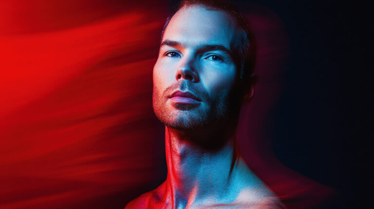 man from magazine, and oval face shape, on red and black background, portrait, looking straight,taken on a Canon 5D Mark II camera, with a Samyang 85mm f/1.4 portrait lens blue background --chaos 100 --ar 16:9 --style raw --personalize aynsx7b --weird 3000 --v 6.1 Job ID: 831905c9-c360-42df-b902-ab343b5090ee