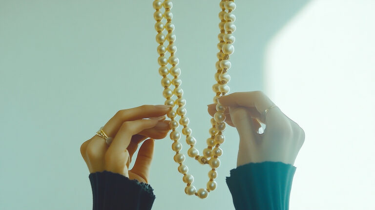 Jewelry photography, a man wearing a stylish black dress with a long pearl necklace, classically elegant and quiet, the background is pure white, there are some surreal elements on the image to create a feeling of distorted aura, the whole image is low saturated and warm, 2024 ins style, --chaos 100 --ar 16:9 --style raw --sref https://s.mj.run/os2FMyE_Wr4 --personalize aynsx7b --weird 3000 --v 6.1 Job ID: 5844ba26-b91c-4026-baa7-7f69834979cf