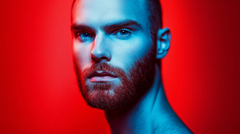 man from magazine, and oval face shape, on red and black background, portrait, looking straight,taken on a Canon 5D Mark II camera, with a Samyang 85mm f/1.4 portrait lens blue background --chaos 100 --ar 16:9 --style raw --personalize aynsx7b --weird 3000 --v 6.1 Job ID: 06b97c3f-ba6b-4b11-a3b1-c3b2c4afe6b7