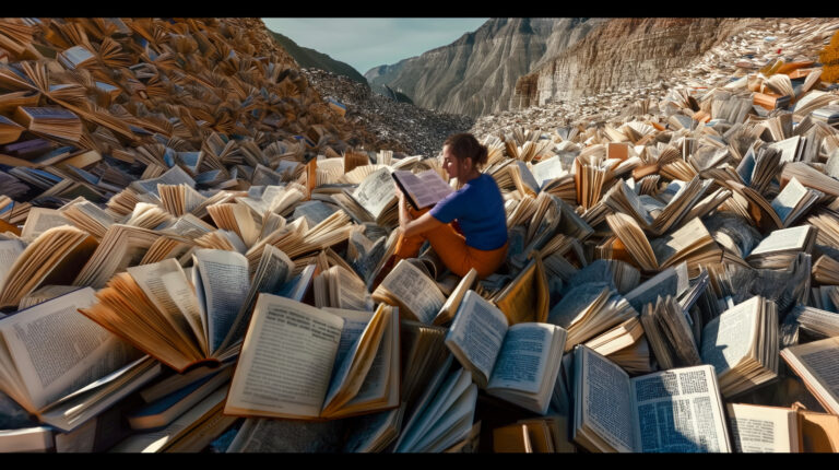 Medium Shot: Description: Transition to a storyteller, sitting amidst the mountains of books, each representing a different version of the same tale. As they open one, close another, and begin reading from a third, the boundaries between the stories blur. This shot, reminiscent of the layered narrative style, captures the merging of multiple narratives into a single, fluid expression of storytelling. --chaos 60 --ar 16:9 --style raw --stylize 700 --weird 1800 --v 6 Job ID: 40da288b-ebf3-49f4-84fd-cf286ff9684a