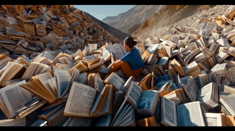 Medium Shot: Description: Transition to a storyteller, sitting amidst the mountains of books, each representing a different version of the same tale. As they open one, close another, and begin reading from a third, the boundaries between the stories blur. This shot, reminiscent of the layered narrative style, captures the merging of multiple narratives into a single, fluid expression of storytelling. --chaos 60 --ar 16:9 --style raw --stylize 700 --weird 1800 --v 6 Job ID: 27e4b87b-336b-494c-8e27-413a7fccc282