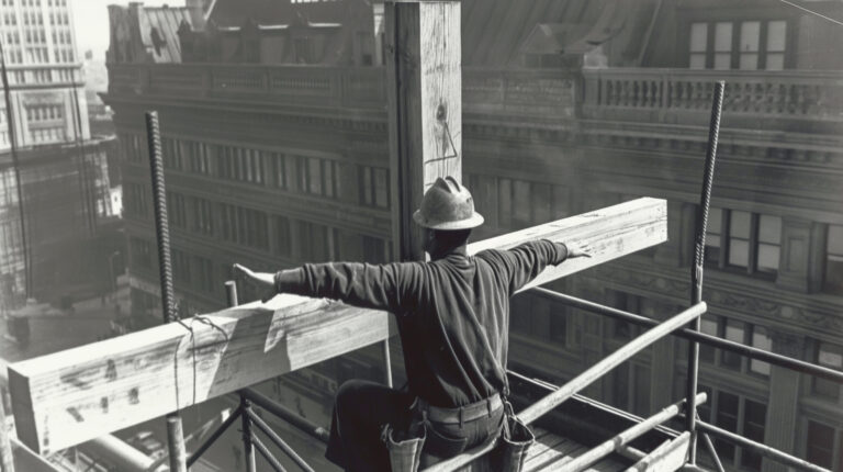 Medium Shot: Description: Zoom in on a construction worker, high above on a scaffold, his arms spread along a crossbeam. His posture resembles a crucifixion, yet his face shows resignation rather than agony, reflecting the daily sacrifices of the labor class. This imagery echoes the socio-political commentary --chaos 60 --ar 16:9 --style raw --stylize 700 --weird 1800 --v 6 Job ID: 5821dd71-3526-469f-86a4-d4b077f96371