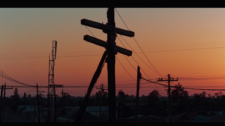 Crucifixion reimagined, common people like workers and everyday individuals subjected to this ancient form of punishment, exploring the fiction and harsh reality of crucifixion taken to its limits." General Shot: Description: The camera pans over a surreal urban landscape at dusk where ordinary city structures are transformed into cruciform shapes. Construction beams, telephone poles, and even street lamps are repurposed into crosses. This dystopian vision draws inspiration from Fritz Lang’s Metropolis, where the city itself becomes a character in the narrative of oppression. --chaos 60 --ar 16:9 --style raw --stylize 700 --weird 1800 --v 6 Job ID: f056f197-474e-48cf-8709-225c5b48d286