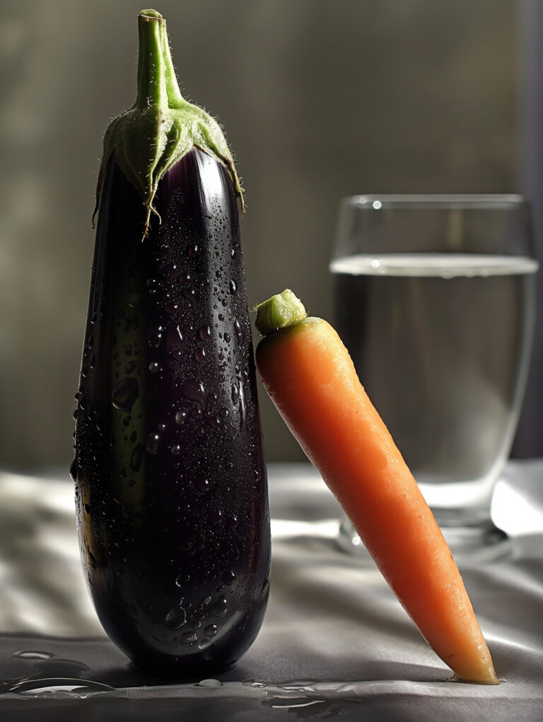 A dramatic, cinematic image combining an aubergine and a hamburger with its juicy, is juxtaposed, arranged in a suggestive manner. The image should be set in a moody, low-light setting with dramatic shadows to enhance the edgy, modern aesthetic. --chaos 70 --ar 3:4 --style raw --weird 2100 --v 6 Job ID: 97ea2fbb-0d1b-4b6c-bd85-91d3130d7ad2