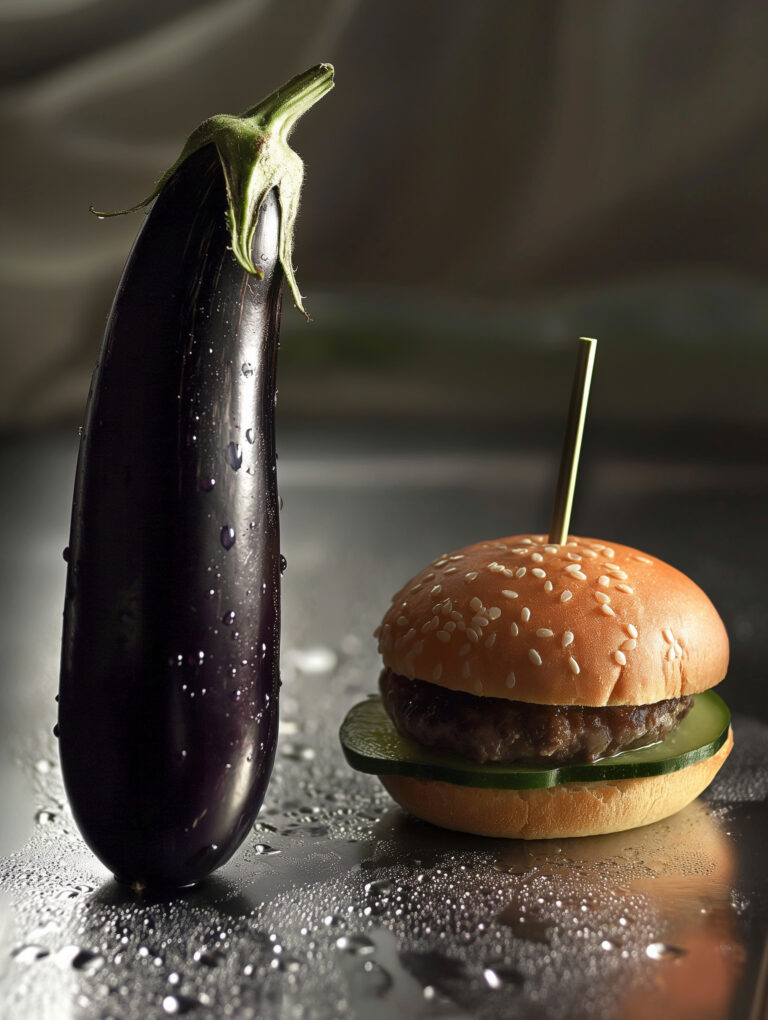 A dramatic, cinematic image combining an aubergine and a hamburger with its juicy, is juxtaposed, arranged in a suggestive manner. The image should be set in a moody, low-light setting with dramatic shadows to enhance the edgy, modern aesthetic. --chaos 70 --ar 3:4 --style raw --weird 2100 --v 6 Job ID: 8647020b-7c66-4008-8212-1155359c0213